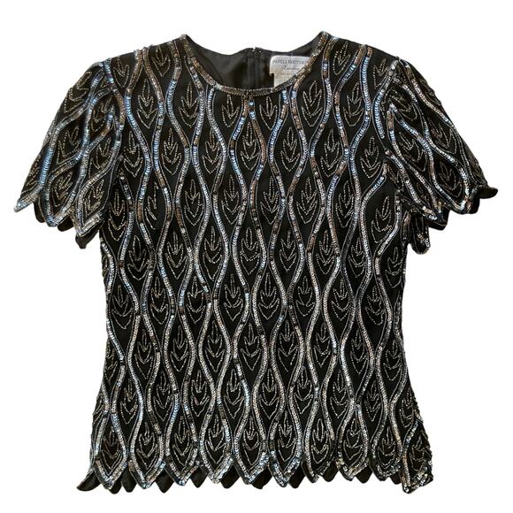 Vintage Papell Boutique Evening Beaded Sequin Blouse Size M Black Silver Glam - Picture 1 of 7